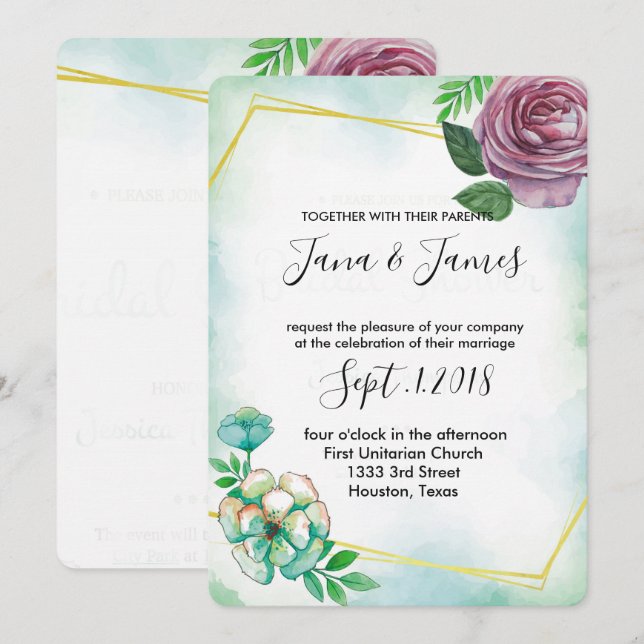 Türkisblau Wasserfarben Lila Hochzeit mit Blumen Einladung (Vorne/Hinten)