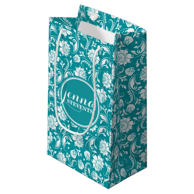 Türkisblau-weiße Damaskus mit weißer Blume Kleine Geschenktüte (Vorderseite Schrägansicht)