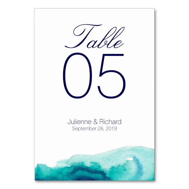 Türkisblaue Aquamarine Strandkarten für Hochzeiten Tischnummer (Vorderseite)