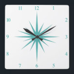 Türkisblaue Atomzahl Sternexplosion Mitte des Jahr Quadratische Wanduhr<br><div class="desc">Die moderne quadratische Uhr aus der Mitte des Jahrhunderts besticht durch eine fett türkisblaue atomare Sternexplosion und passende Zahlen,  die eine fantastische Ergänzung zu den Wänden Ihrer Zuhause oder Ihres Büros darstellen werden!</div>
