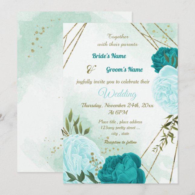 Türkisblaue Blume Grüne Blätter Hochzeit Einladung (Vorne/Hinten)