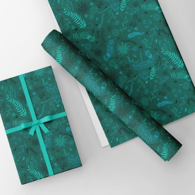 Türkisblaue Blumendoodles auf grün Geschenkpapier Set (Von Creator hochgeladen)