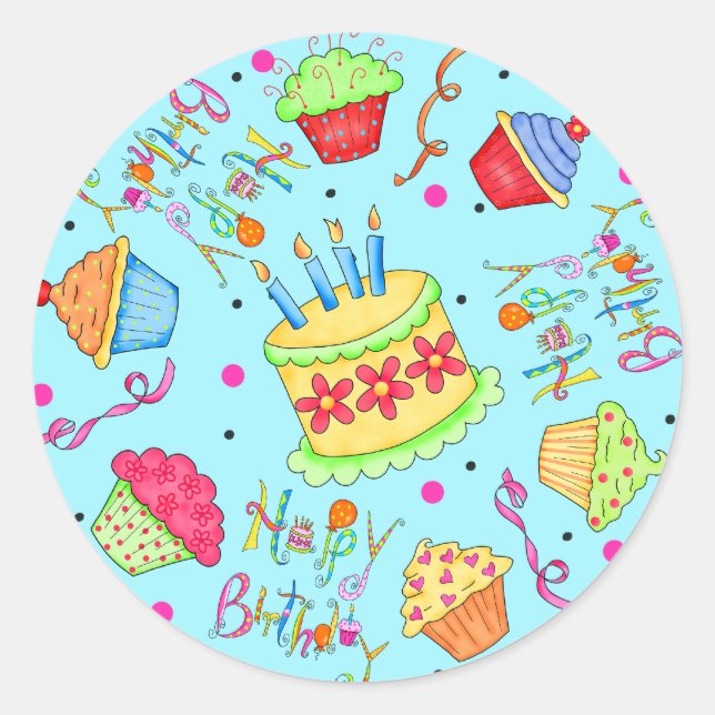Türkisblaue Cupcakes und Kuchen Glücklich Geburtst Runder Aufkleber (Vorderseite)