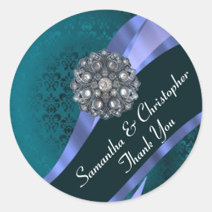 Türkisblaue Damast-Hochzeitssiegel Runder Aufkleber