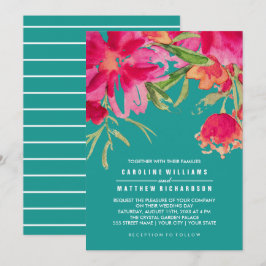 Türkisblaue Fuchsia Floral Wasserfarbe Hochzeit Einladung