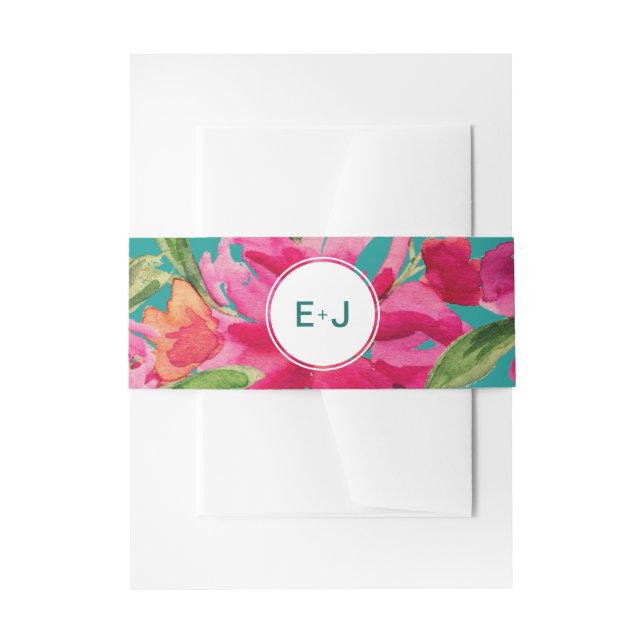 Türkisblaue Fuchsia Floral Wasserfarbe Hochzeit Einladungsbanderole (Vorderseite Beispiel)