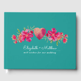Türkisblaue Fuchsia Floral Wasserfarbe Hochzeit Gästebuch