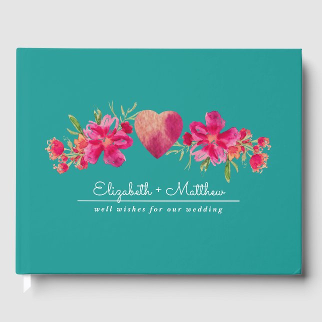 Türkisblaue Fuchsia Floral Wasserfarbe Hochzeit Gästebuch (Vorderseite)