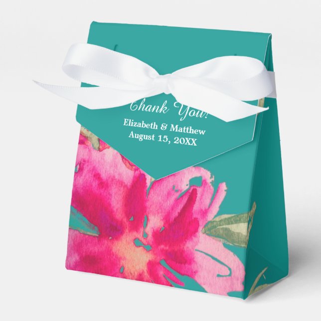 Türkisblaue Fuchsia Floral Wasserfarbe Hochzeit Geschenkschachtel (Vorderseite)