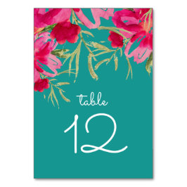 Türkisblaue Fuchsia Floral Wasserfarbe Hochzeit Tischnummer