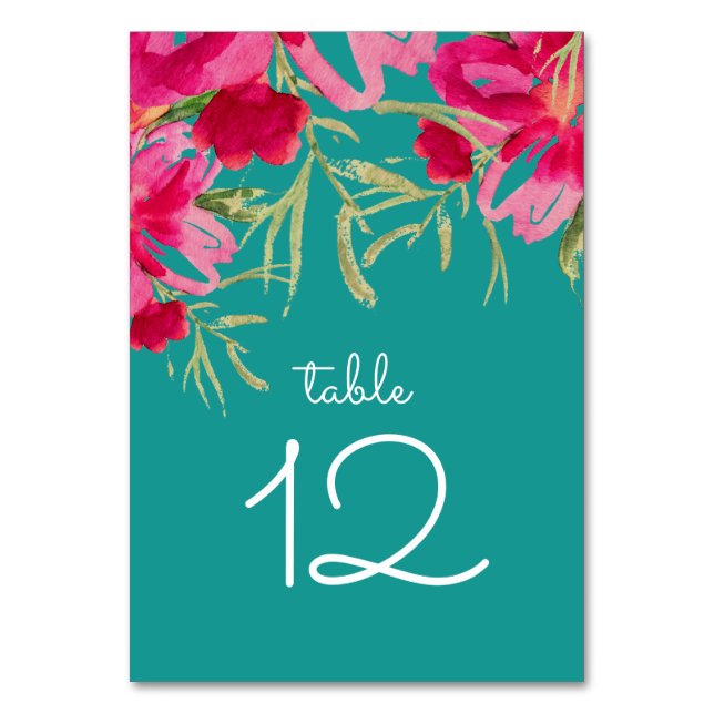 Türkisblaue Fuchsia Floral Wasserfarbe Hochzeit Tischnummer (Vorderseite)
