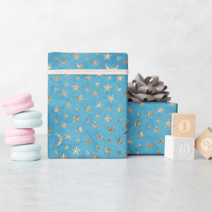 Türkisblaue Goldstars und -monde Geschenkpapier