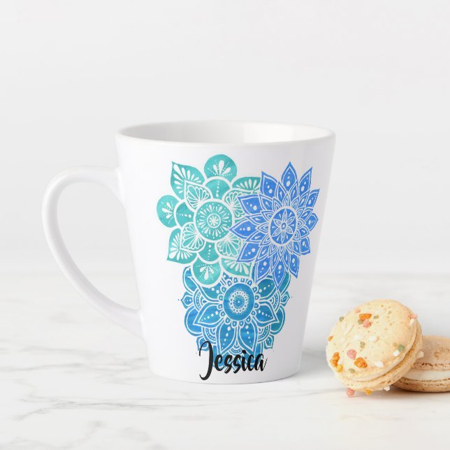 Türkisblaue, grüne Mandalas mit Blumenmuster Milchtasse (Beispiel)