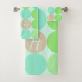 Türkisblaue grüne und orangefarbene Kreise Monogra Badhandtuch Set
