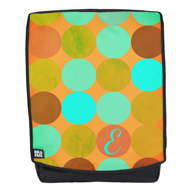 Türkisblaue grüne und orangefarbene Kreise Monogra Rucksack (Vorderseite)