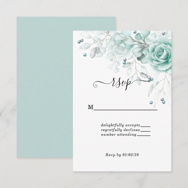 Türkisblaue Grüntöne Blumenhochzeit RSVP Karte (Vorne/Hinten)