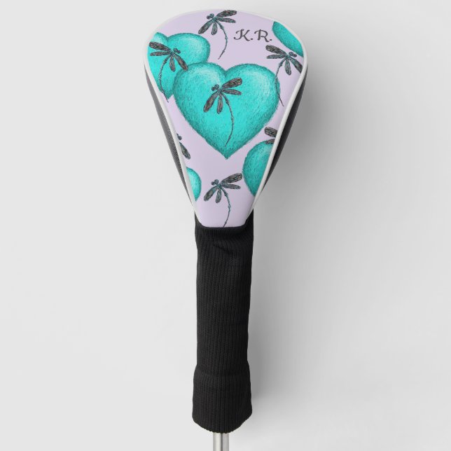 Türkisblaue Herzen und Libellen Golf Headcover (Vorderseite)
