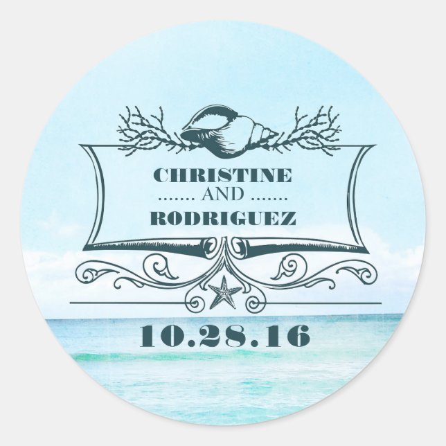 Türkisblaue Hochzeit am Strand Runder Aufkleber (Vorderseite)