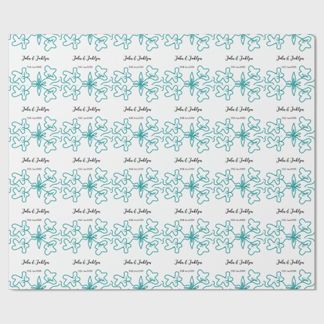 Türkisblaue Hochzeitspaar Name Datum stylish  Geschenkpapier (Flach)