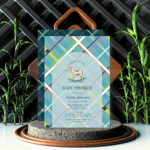 Türkisblaue Karierte Rocking Horse Boy Baby Dusche Einladung