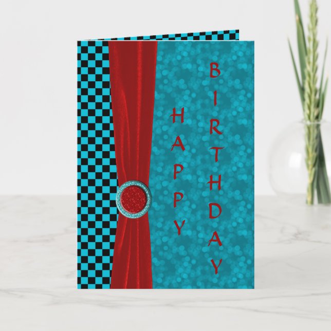 Türkisblaue Karos & Rotes Glück Geburtstag Karte (Vorderseite)