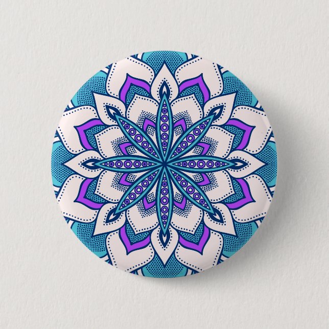 Türkisblaue Lila Blume Mandala Button (Vorderseite)