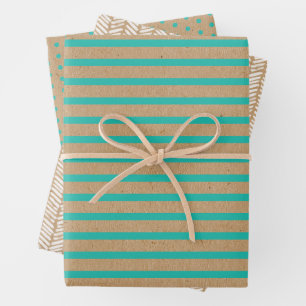 Türkisblaue Linien Imitate Rustikale braune Kraft Geschenkpapier Set