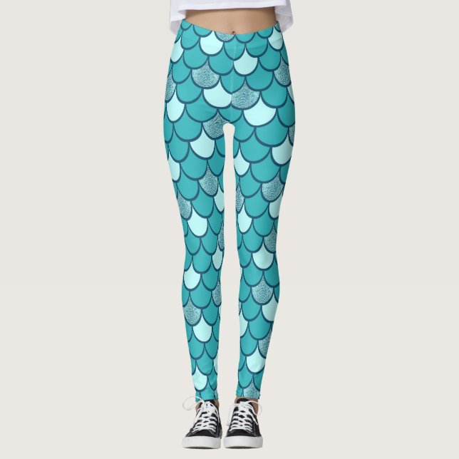 Türkisblaue Meerjungstatur Muster mit Glitzer Leggings (Vorderseite)