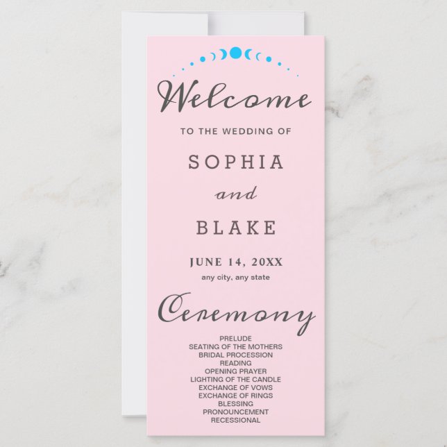 Türkisblaue Mondphasen Soft Pink Hochzeitsprogramm (Vorderseite)