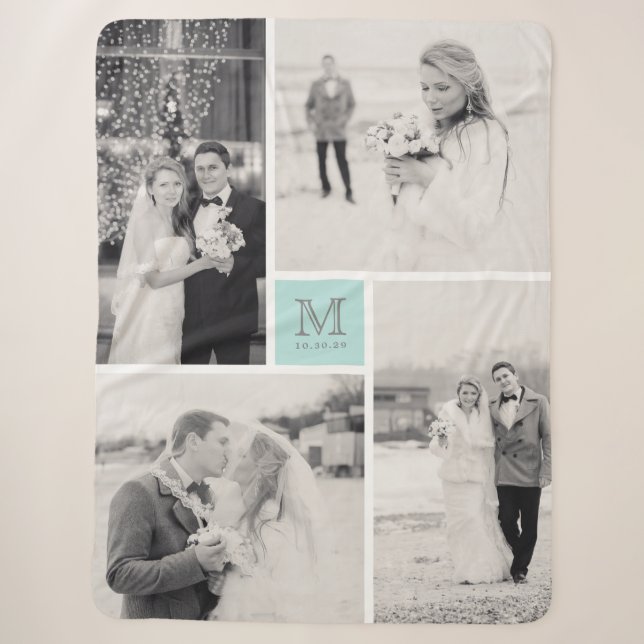 Türkisblaue Monogramm 4 Fotocollage Hochzeit Sherpadecke (Vorderseite)