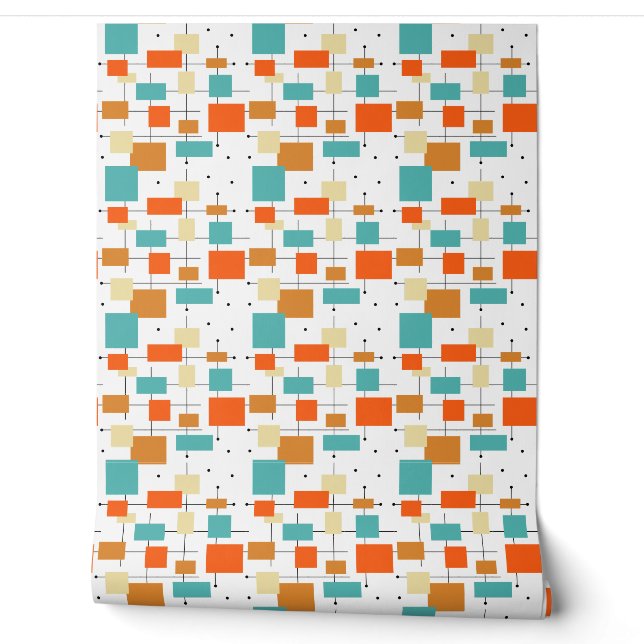 Türkisblaue, orange schwarze Quadrate Linien Mitte Tapete (Abrollen)