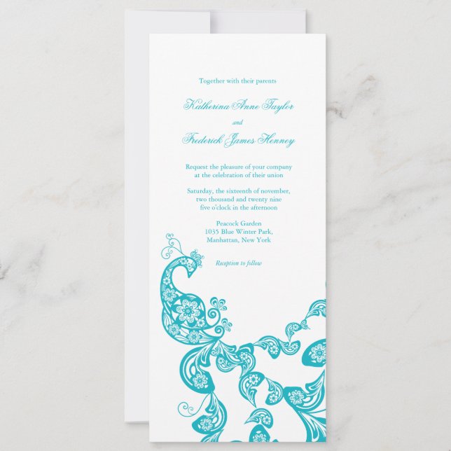 Türkisblaue Pfauenpfauenchic Hochzeitseinladung 2 Einladung (Vorderseite)