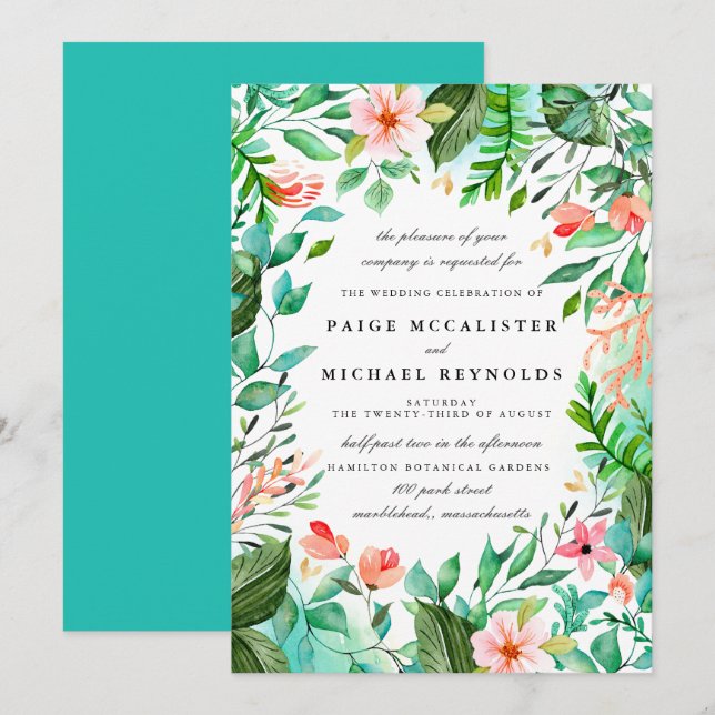 Türkisblaue Rosa Blumenblume Botanische Hochzeit Einladung (Vorne/Hinten)