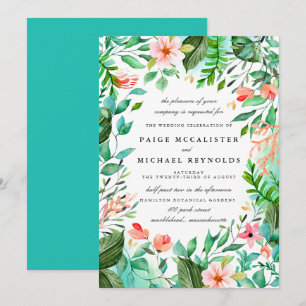 Türkisblaue Rosa Blumenblume Botanische Hochzeit Einladung
