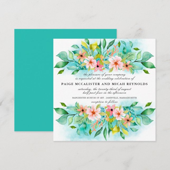 Türkisblaue Rosa Blumenblume Botanische Hochzeit Einladung (Vorne/Hinten)