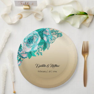 Türkisblaue Rose auf Goldhochzeit Pappteller