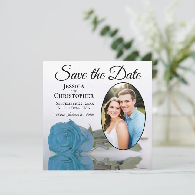Türkisblaue Rose auf weißem Oval Foto Hochzeit Save The Date (Stehend Vorderseite)