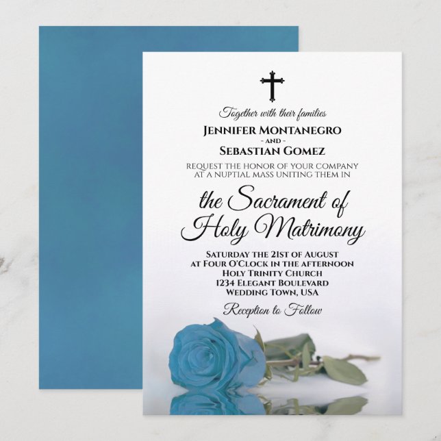 Türkisblaue Rose Chic Moderne katholische Hochzeit Einladung (Vorne/Hinten)