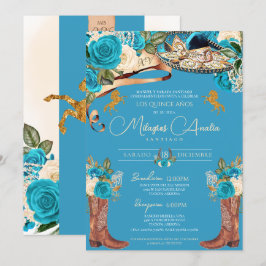 Türkisblaue Rose Extravagant Charro Quinceañera Einladung