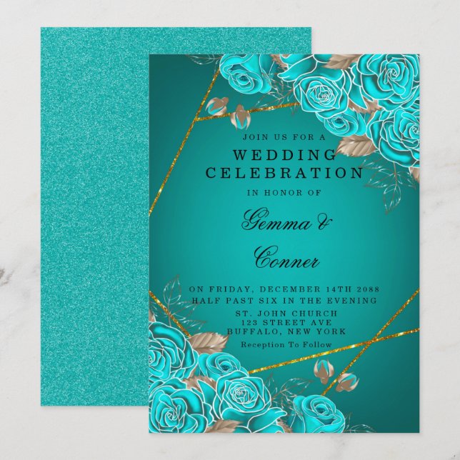 Türkisblaue Rose Goldgeometrische Hochzeit Einladung (Vorne/Hinten)