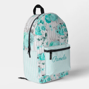 Türkisblaue Rose, graue Streifen und Monogramm Bedruckter Rucksack