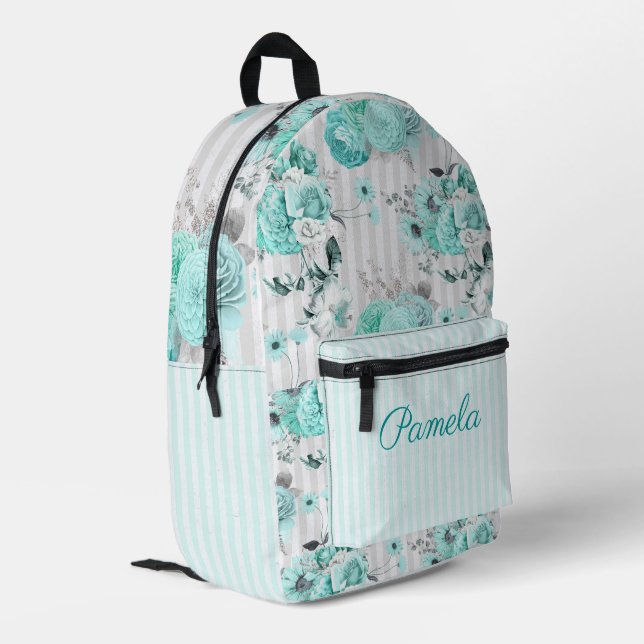 Türkisblaue Rose, graue Streifen und Monogramm Bedruckter Rucksack (Rückseitige Ecke links)