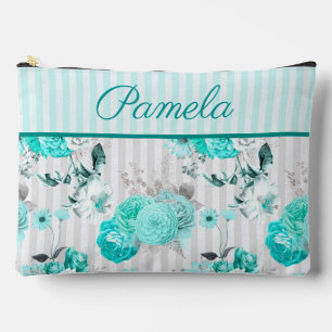 Türkisblaue Rose, graue Streifen und Monogramm Zubehörtasche