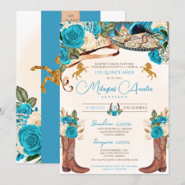 Türkisblaue Rose Western Charro Quinceañera Einladung