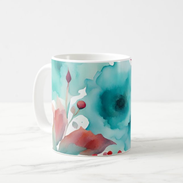 Türkisblaue Rote Wasserfarbe Frühlingsblumen Kaffeetasse (Vorderseite Links)