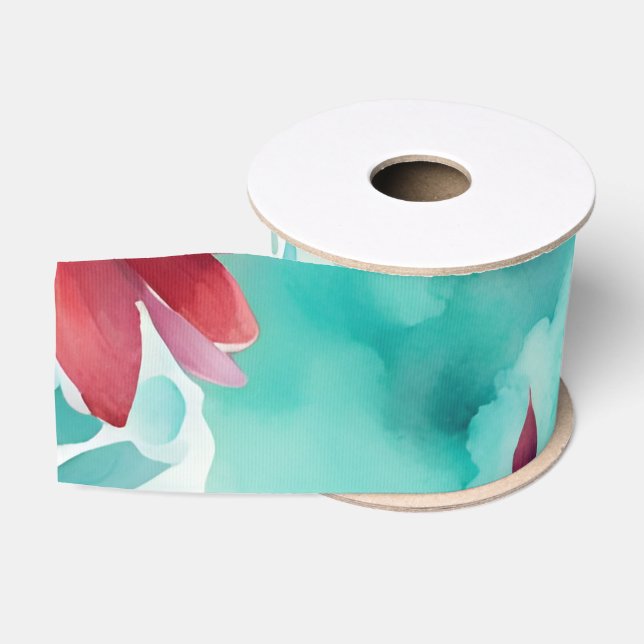 Türkisblaue Rote Wasserfarbe Frühlingsblumen Ripsband (Spule)