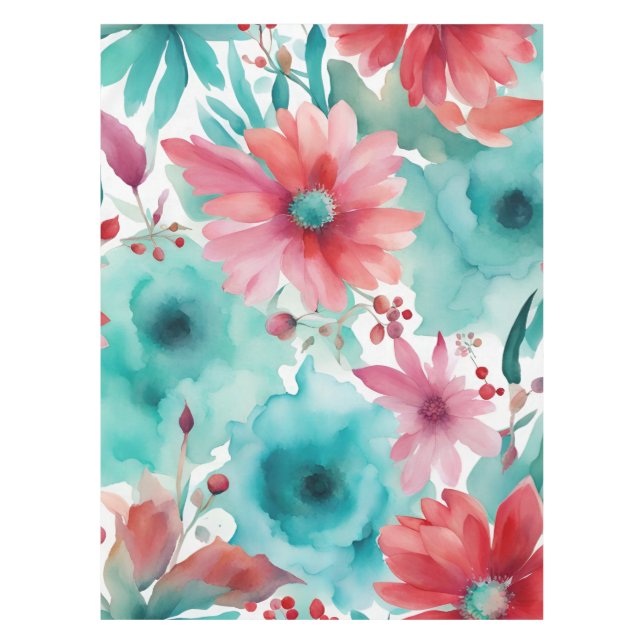 Türkisblaue Rote Wasserfarbe Frühlingsblumen Tischdecke (Vorderseite)