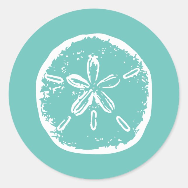 Türkisblaue Sand-Dollar-Hochzeitsticker Runder Aufkleber (Vorderseite)