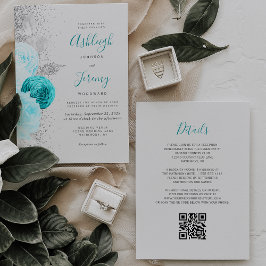 Türkisblaue Silber Grau QR Code Hochzeit Einladung