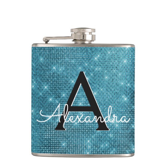 Türkisblaue Sparkle Monogram & Initial Flachmann (Vorderseite)